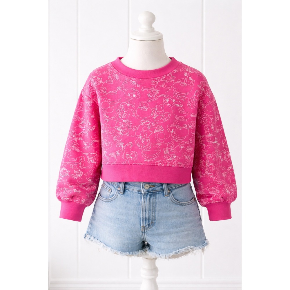 Disney Minnie Mickey Mouse Pink‎ Cropped Sweatshirt Girls Size 11/12 Puff Sleeve